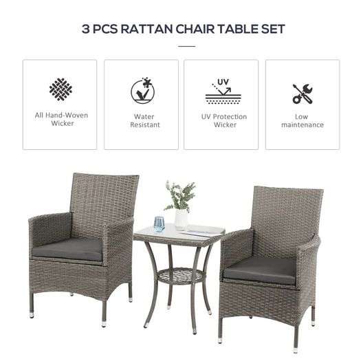 Garden Outdoor Rattan Furniture Bistro Set 3 PCs Patio Weave Companion Chair Table Set Conservatory, Light Grey (FREE SHIPPING)