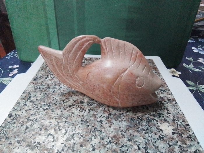 Two Stone Carved  Fish & a Stone Carved Bud Vase