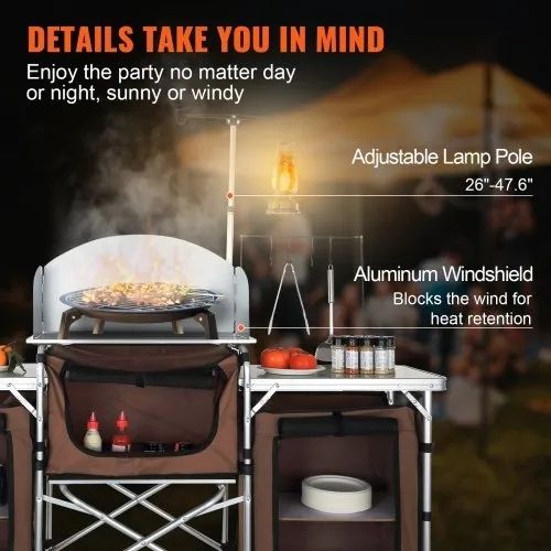 Folding Outdoor Cooking Table with Storage Carrying Bag, Aluminum Cook Station 3 Cupboard & Detachable Windscreen, Quick Set-up for Picnics, BBQ, RV Traveling, Brown