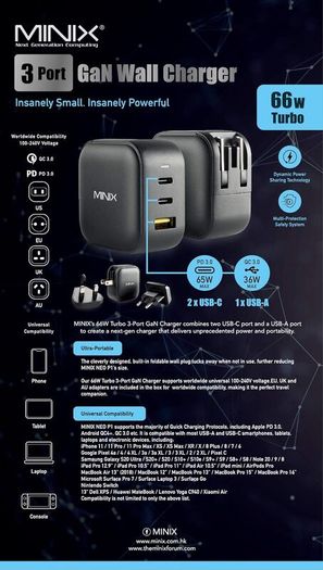 MINIX 66W Turbo 3-Port GaN Wall Charger 2 x USB-C Fast Charging Adapter, 1 x USB-A Quick Charge 3.0, Compatible with Laptop, iPad Pro, iPhone 14 Pro,Max XR XS X SE2 and More (NEO P1) - Boxed!