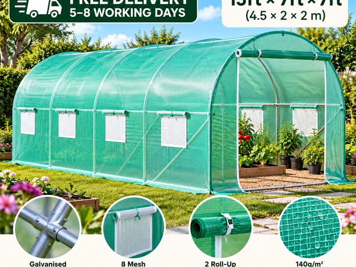 Large Walk-In Polytunnel Greenhouse 15ft x 7ft x 7ft  Galvanised Steel Frame, 8 Windows & 2 Zipped Doors Green