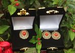 Antique 18 ct Gold Coral and Pearl Ring and Earrings