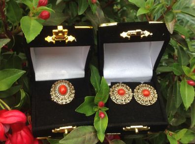 Antique 18 ct Gold Coral and Pearl Ring and Earrings