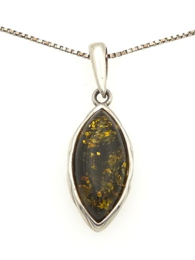 Vintage 925 Sterling Silver & Natural Dark Green Amber Necklace