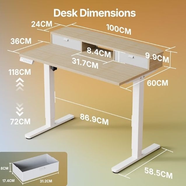 Standing Desk with Fabric Drawers, 100x60cm, Natural  2 Drawers, C-Clamp Compatible, 4 Memory Presets, 72-118cm Height Range, Multiple Sizes & Colors, Durable Steel Frame.