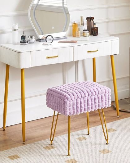 Rectangle Vanity Chair with Storage Space, Footrest Footstool Ottoman, Vanity Stool, Dressing Table Chair, with Anti-Slip Feet, for Makeup Room, Bedroom, Square Grid Pattern, Purple