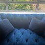 3 & 2 seater navy velvet chesterfield style couches with matching footstool with removable glass top Image 4