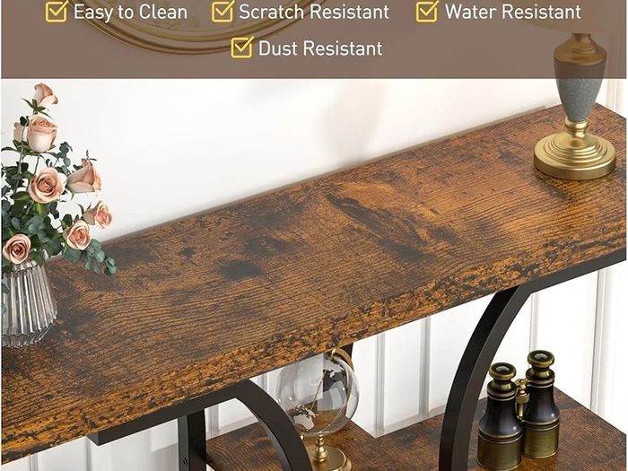 Console Table, 42.5inch Hallway Table Behind Sofa Table with Curved Base, Industrial 4-Tier Narrow Wood Slim Console Table with Storage for Living Room, Entryway, Foyer, Rustic Brown