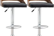 Set of 2 Contemporary Design Bar Stools Adjustable Seat Height 360 Swivel PU Synthetic Upholstery Black Slatted Wood-Effect Backrest
