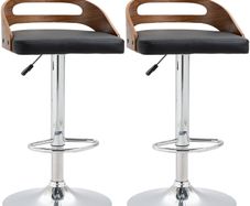 Set of 2 Contemporary Design Bar Stools Adjustable Seat Height 360 Swivel PU Synthetic Upholstery Black Slatted Wood-Effect Backrest