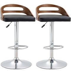 Set of 2 Contemporary Design Bar Stools Adjustable Seat Height 360 Swivel PU Synthetic Upholstery Black Slatted Wood-Effect Backrest