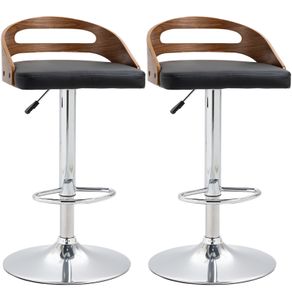 Set of 2 Contemporary Design Bar Stools Adjustable Seat Height 360 Swivel PU Synthetic Upholstery Black Slatted Wood-Effect Backrest