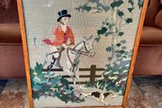 Vintage Tapestry Fox Hunt Oak Fire Screen Tilt Top Table