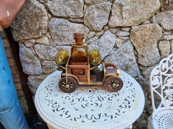 antique wooden car decanter set