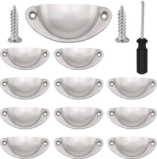 NEW SALE | 12 Pcs Silver Half Moon Shell Cup Pull Handles for Cabinet Cupboard Door Dresser Wardrobe Drawer with Screws & Screwdriver, 65mm Hole Centre, Polished Nickel