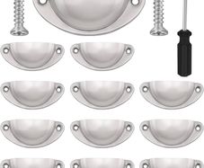 NEW SALE | 12 Pcs Silver Half Moon Shell Cup Pull Handles for Cabinet Cupboard Door Dresser Wardrobe Drawer with Screws & Screwdriver, 65mm Hole Centre, Polished Nickel