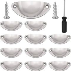 NEW SALE | 12 Pcs Silver Half Moon Shell Cup Pull Handles for Cabinet Cupboard Door Dresser Wardrobe Drawer with Screws & Screwdriver, 65mm Hole Centre, Polished Nickel
