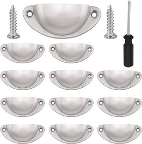 NEW SALE | 12 Pcs Silver Half Moon Shell Cup Pull Handles for Cabinet Cupboard Door Dresser Wardrobe Drawer with Screws & Screwdriver, 65mm Hole Centre, Polished Nickel