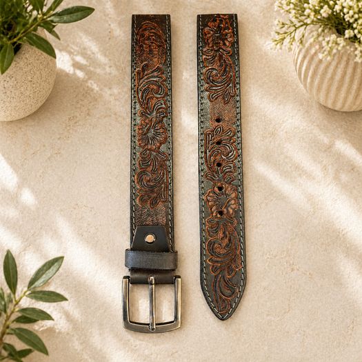 Premium Genuine Leather Belt Dual Tone Vintage Embossed Design with Antique Metal Buckle
