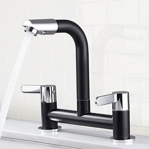 Black Kitchen Mixer Tap Dual Lever with 360 Degree Aerator, Swivel Kitchen Bridge Taps 2 Hole Sink Monobloc Faucet, 180mm Centres Deck Mounted with G1/2 Hose UK Standard Fittings MULTIPLE COLOURS AVAILABLE (FREE POSTAGE)