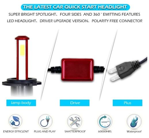 R7 Super Bright 4 Sides Emitting LED Auto Headlight DC9-36V 80W 8000Lumen 6000K H4 H7 Car Bulbs(Pack for 2)