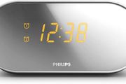Audio clock radio (FM digital tuner, built-in alarm, 2 alarms, sleep timer, mirror-finish display) white/silver