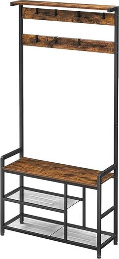 Coat Rack, Hall Tree with 8 Hooks, Shoe Bench, Storage Shelves, for Entryway, Bedroom, Steel Frame, Industrial Style, Rustic Brown and Black