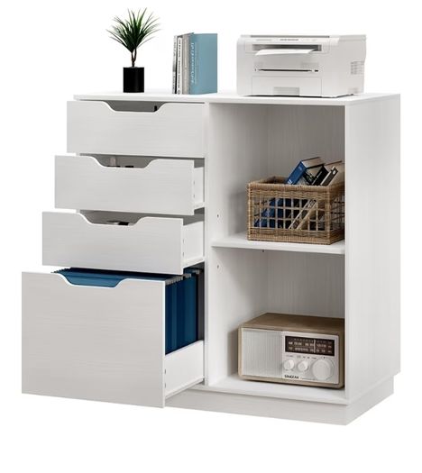 4 Drawer Wood Lateral File Cabinet, A4 Letter Size Suspension File Hanging Folder Filing Cabinet, Printer Stand with Open Storage Shelf for Office and Home,White