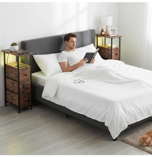 Slim Bedside Table Set of 2 with Charging Station