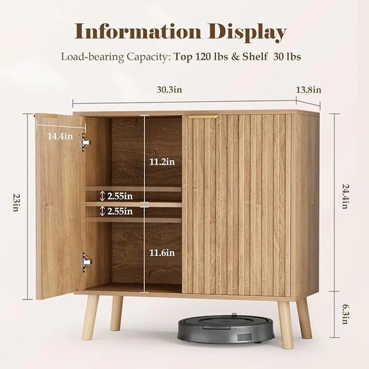 Sideboard, Buffet Storage Cabinet with Fluted Decorating, Sideboard Storage Cabinet with 2 Doors & Adjustable Shelf, Kitchen Cupboard for Living Room, Dining Room, 35 x 77 x 78 cm, Oak