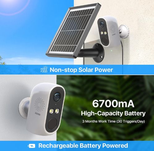 ZOSI 2K Solar Security Camera for Outdoor Indoor, 3MP Battery Operated Security Camera Wireless for Home, Color Night Vision,2 Way Audio,Spotlight Siren,Human Detection,SD Card/Cloud Storage