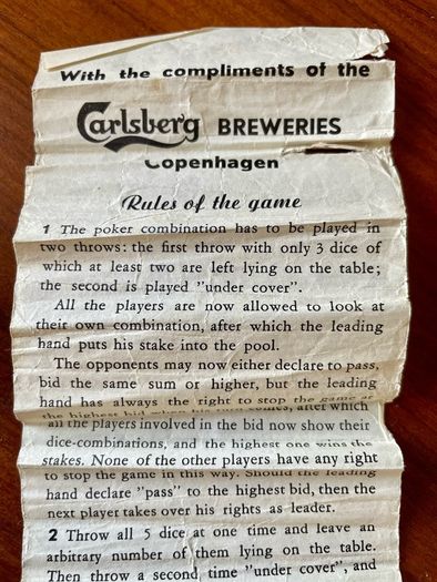 Rare Carlsberg Beer Early 20th Century Travel Poker Dice In Original Vintage Sliding Box Made in Denmark
