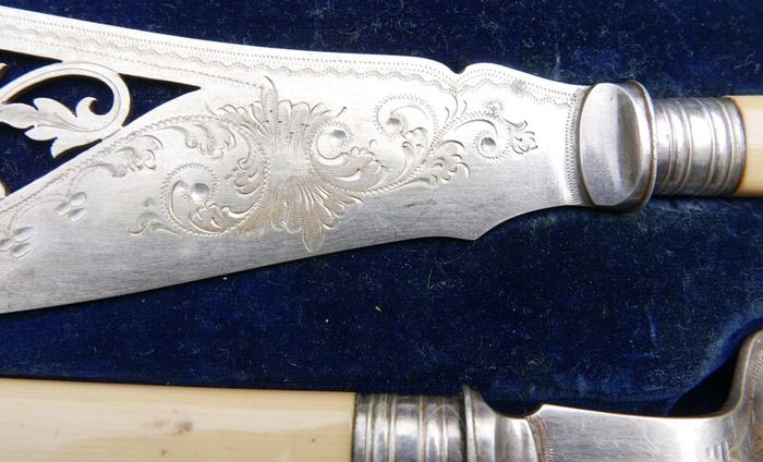 Vintage Boxed set of Faux Bone Handled Fish Servers with Hallmarked Silver Collars - 2 Pieces