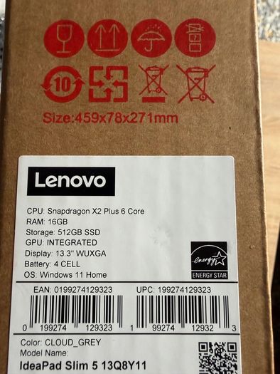 Lenovo IdealPad Slim 5 13Q8Y11 CPU Snapdragon X2 Plus 6 Core 16/512 SSD 13-inch OS Windows 11 Home Cloud Grey Brand New Sealed .