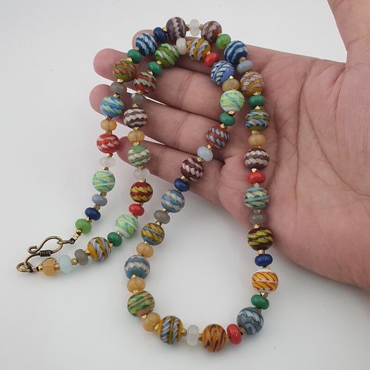Antique Venetian Style MultiColor Stripe`Pattern Glass Beads Necklace