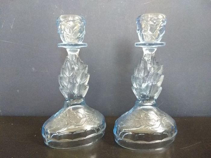 Lovely Pair of Vintage Pressed Glass Candlesticks in Pale Blue Glass with Leaves Motifs, Excellent Condition
