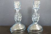 Lovely Pair of Vintage Pressed Glass Candlesticks in Pale Blue Glass with Leaves Motifs, Excellent Condition