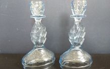Lovely Pair of Vintage Pressed Glass Candlesticks in Pale Blue Glass with Leaves Motifs, Excellent Condition