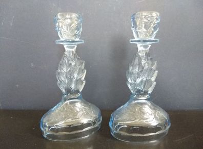 Lovely Pair of Vintage Pressed Glass Candlesticks in Pale Blue Glass with Leaves Motifs, Excellent Condition