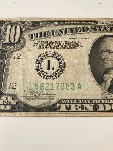 USA 1934 A 10 Dollars Banknote Light green seal No Motto