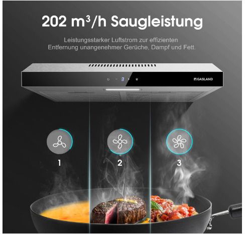 Gasland Chef SR60SS Visor Cooker Hoods 60cm Quiet Cooker Hood Exhaust with Carbon Recirculating, 3 Levels Touch Control Undercabinet Extractor Stainless Steel