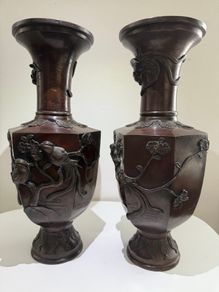 Pair of Antique Japanese Bronze Vases -Birds & Blossom - 40.5cm