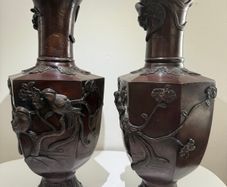 Pair of Antique Japanese Bronze Vases -Birds & Blossom - 40.5cm