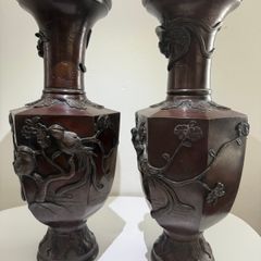 Pair of Antique Japanese Bronze Vases -Birds & Blossom - 40.5cm