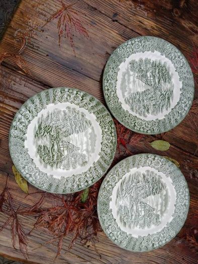 Green plates,  British Anchor, green transferware, green delph
