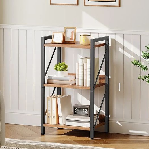 3-Tier Bookshelf, Industrial Corner Bookcase, Display Rack, Metal Frame, for Living Room, Bedroom, Office, Kitchen, Entryway, Rustic Brown and Black