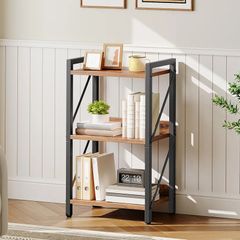 3-Tier Bookshelf, Industrial Corner Bookcase, Display Rack, Metal Frame, for Living Room, Bedroom, Office, Kitchen, Entryway, Rustic Brown and Black