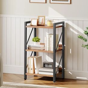 3-Tier Bookshelf, Industrial Corner Bookcase, Display Rack, Metal Frame, for Living Room, Bedroom, Office, Kitchen, Entryway, Rustic Brown and Black