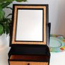 ..PRICE DROP.. Tabletop Mirror with Drawer, Black and Gold Rattan Detail Image 3
