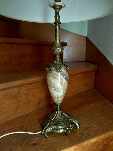 Antique French Brass and Onyx Marble Beautiful Table Lamp Circa 1950s